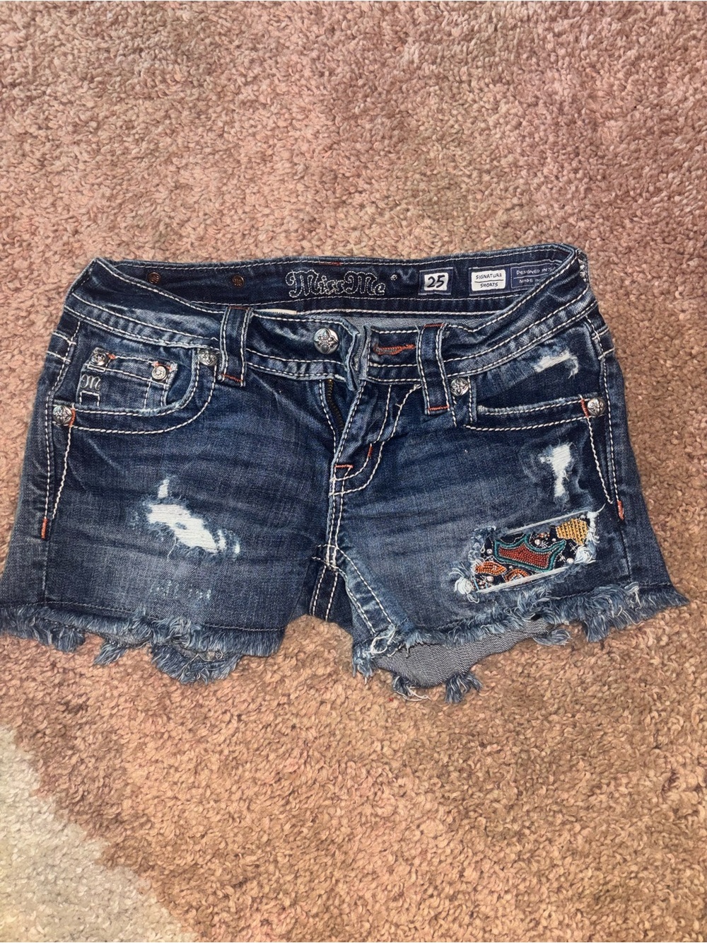 Miss Me Dark Blue Distressed Denim Shorts with Embroidered Patch